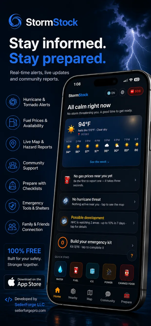 StormStock home screen: hourly forecast, the week, gas prices and hurricane status