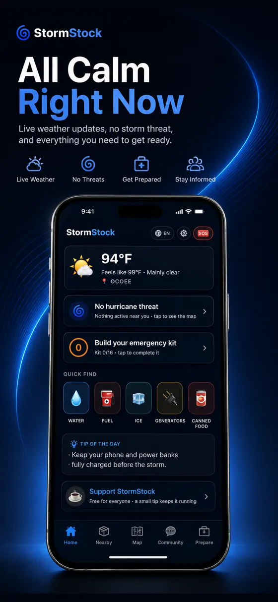 StormStock home screen showing calm status and weather