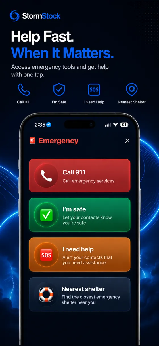StormStock emergency screen with 911 and shelters